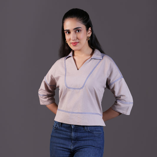 Beige Cotton Top with Blue Stitch Detailing