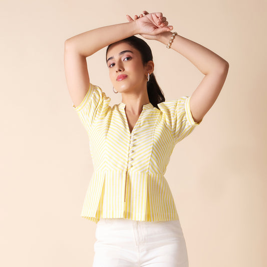 Yellow & White Striped Cotton Puff Sleeve Crop Top