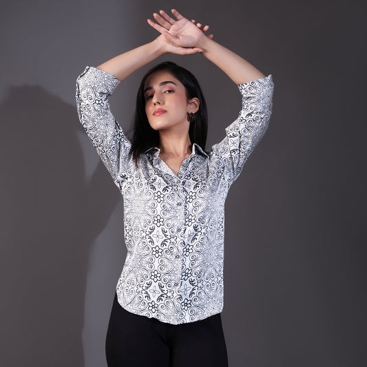 White Paisley Printed Satin Shirt