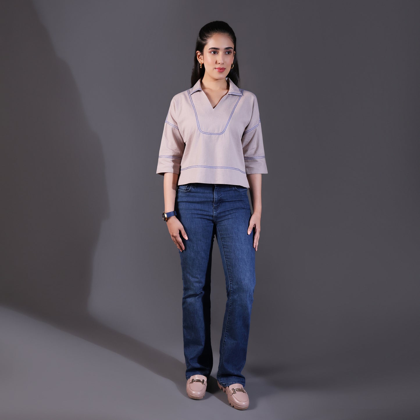 Beige Cotton Top with Blue Stitch Detailing