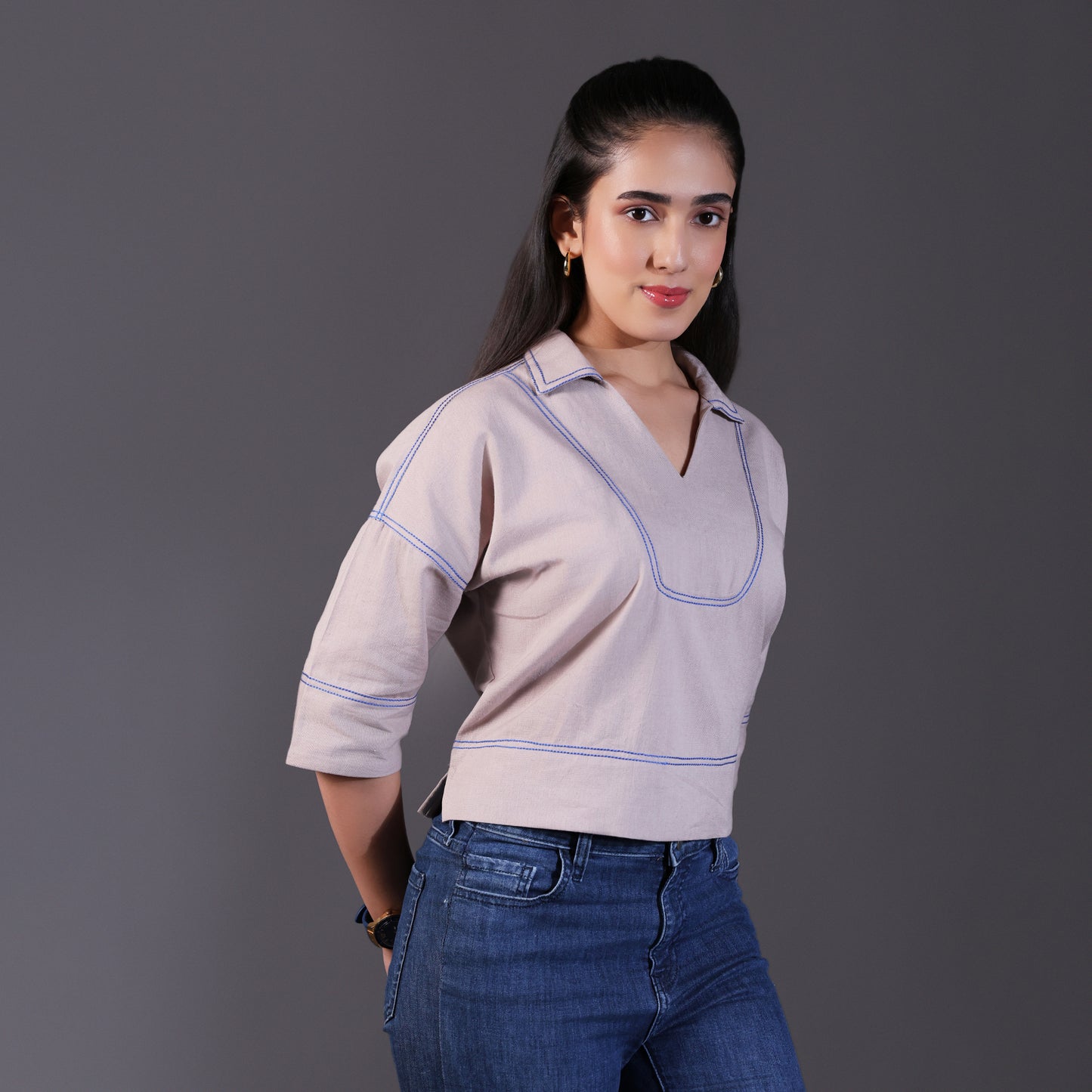 Beige Cotton Top with Blue Stitch Detailing