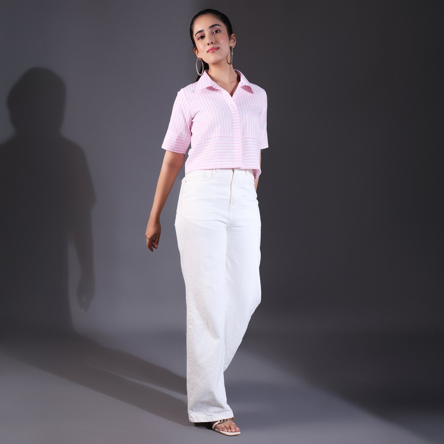 Pink Striped Cotton Cropped Shirt