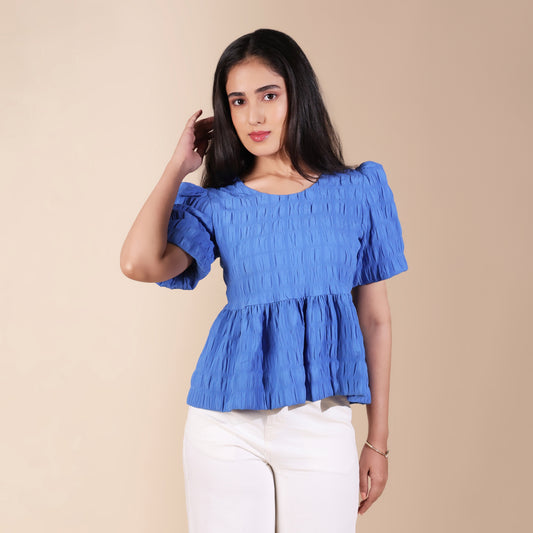 Blue Short Sleeve Peplum Top