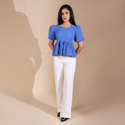 Blue Short Sleeve Peplum Top