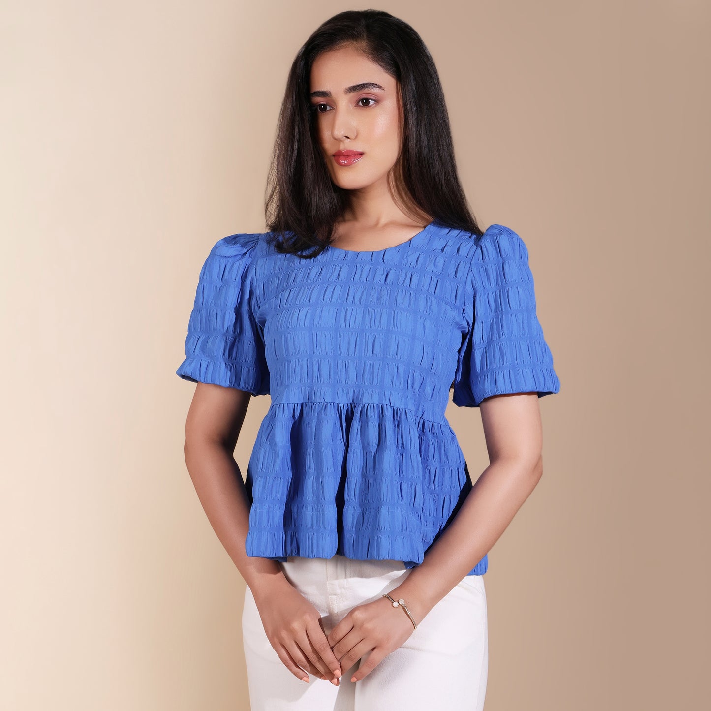 Blue Short Sleeve Peplum Top