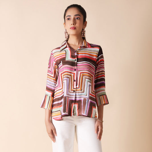 Brown Muslin Multicolor Shirt