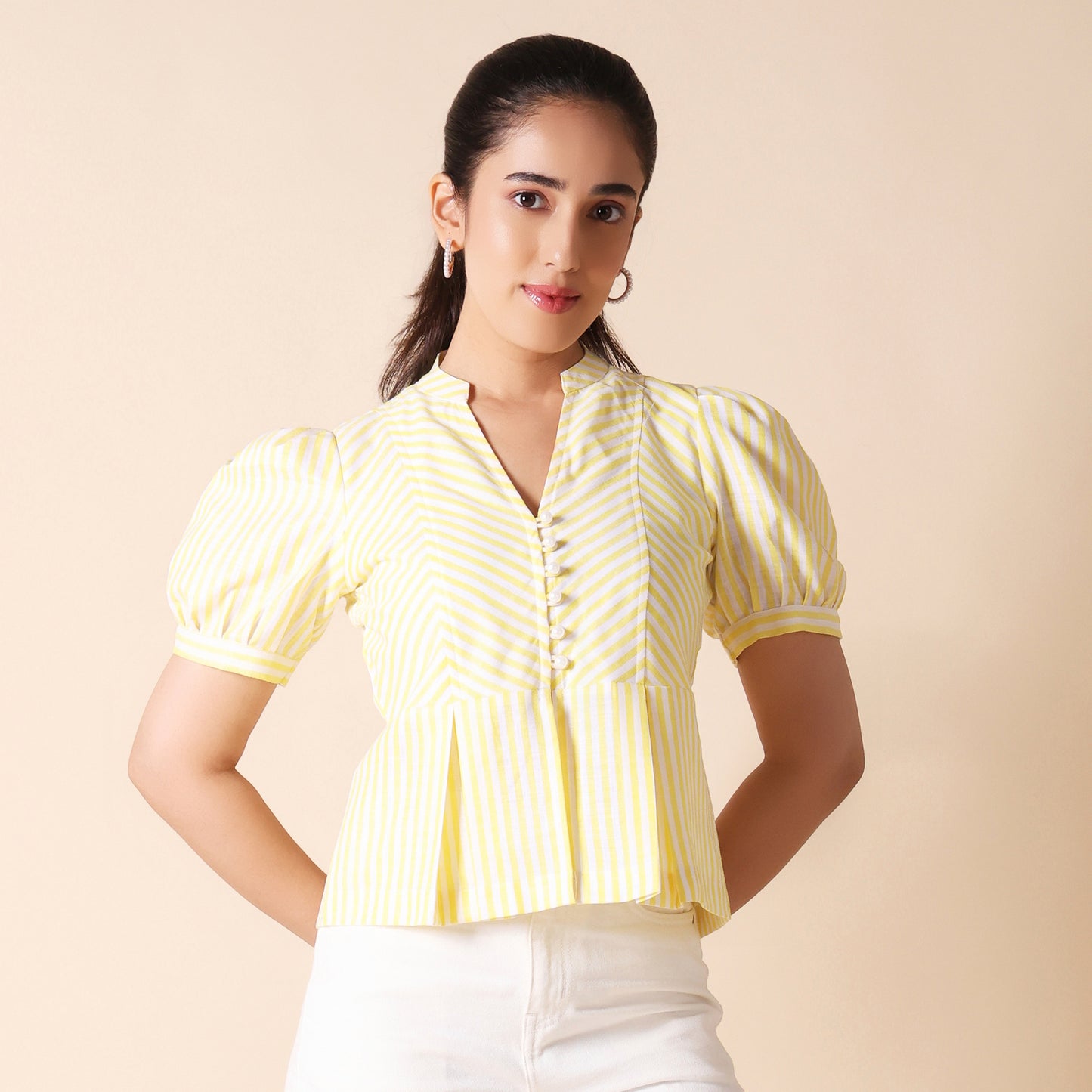Yellow & White Striped Cotton Puff Sleeve Crop Top