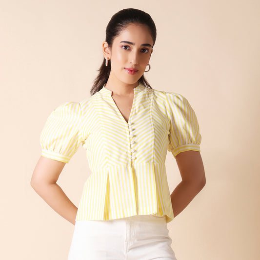 Yellow & White Striped Cotton Puff Sleeve Crop Top