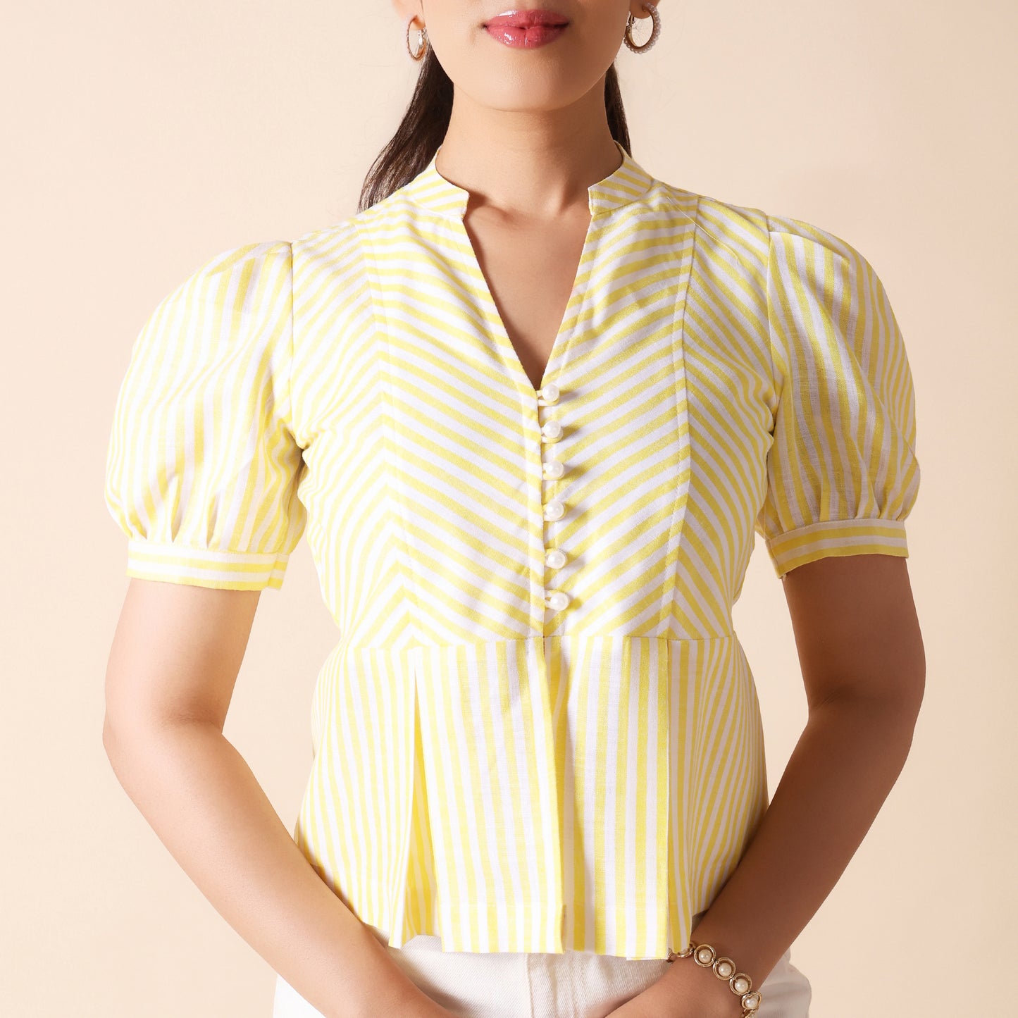 Yellow & White Striped Cotton Puff Sleeve Crop Top