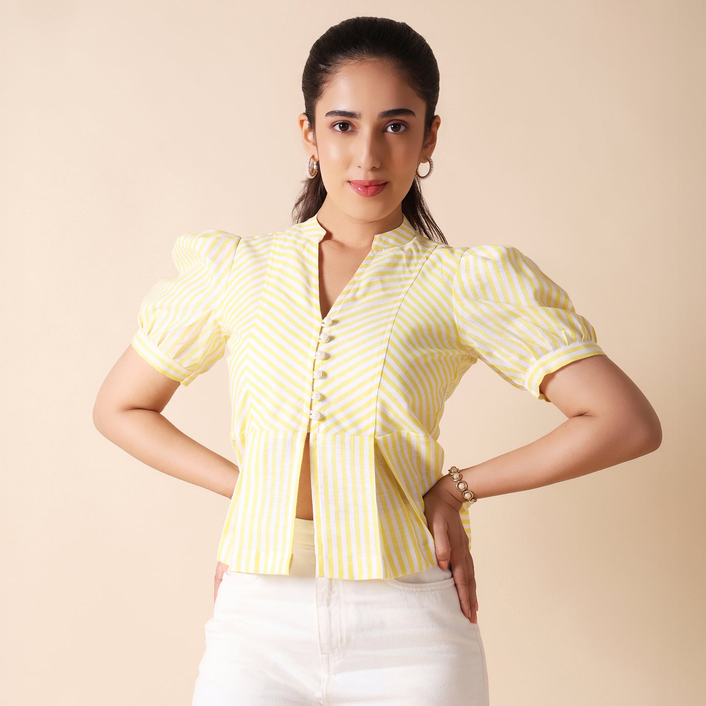 Yellow & White Striped Cotton Puff Sleeve Crop Top