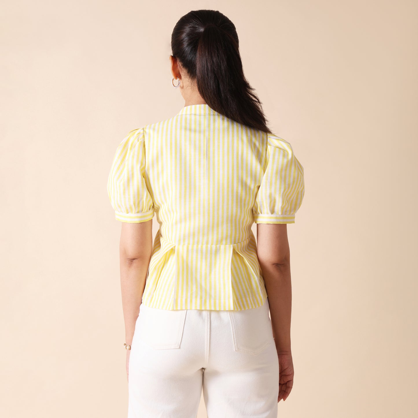 Yellow & White Striped Cotton Puff Sleeve Crop Top