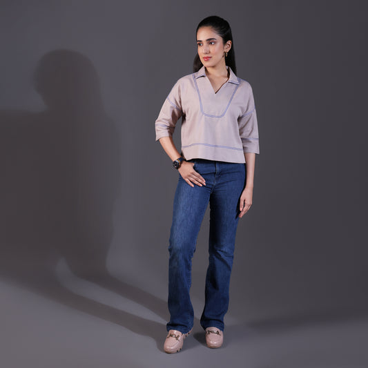 Beige Cotton Top with Blue Stitch Detailing