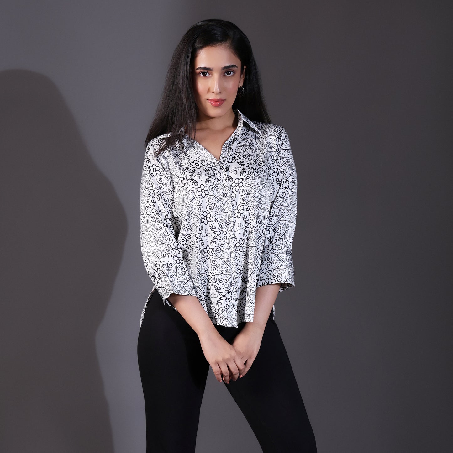 White Paisley Printed Satin Shirt