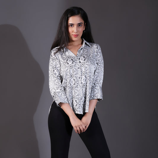 White Paisley Printed Satin Shirt