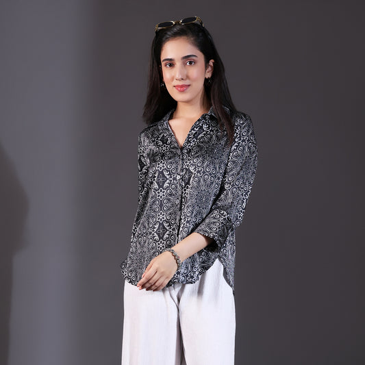 Black Paisley Printed Satin Shirt