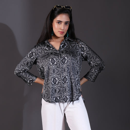 Black Paisley Printed Satin Shirt