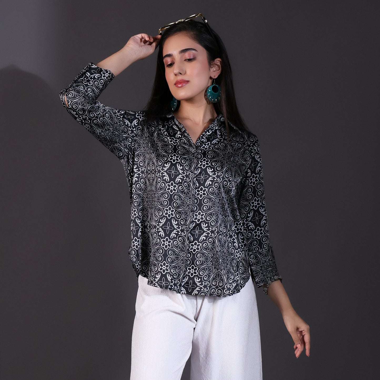 Black Paisley Printed Satin Shirt