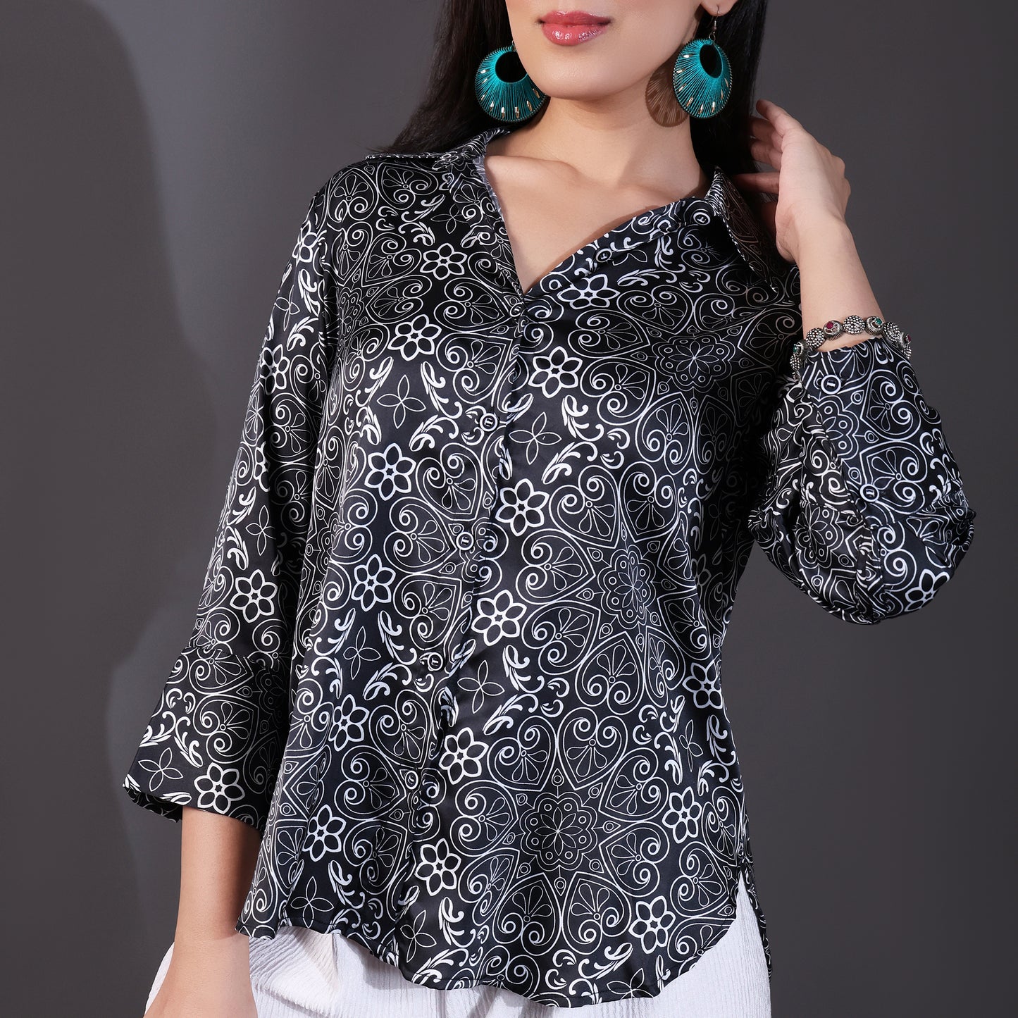 Black Paisley Printed Satin Shirt