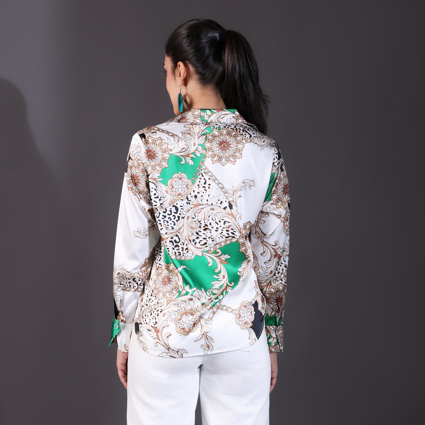 White & Green Multi-Patterned Satin Shirt