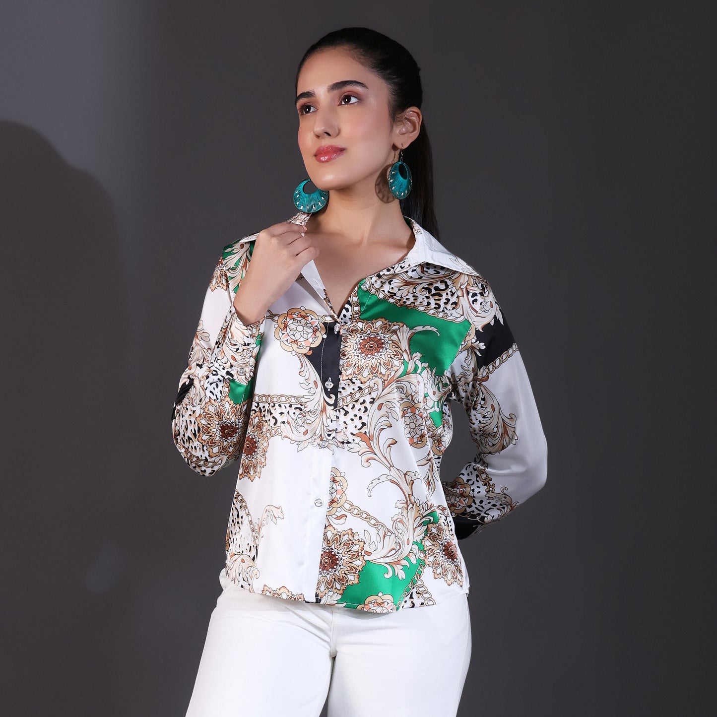 White & Green Multi-Patterned Satin Shirt