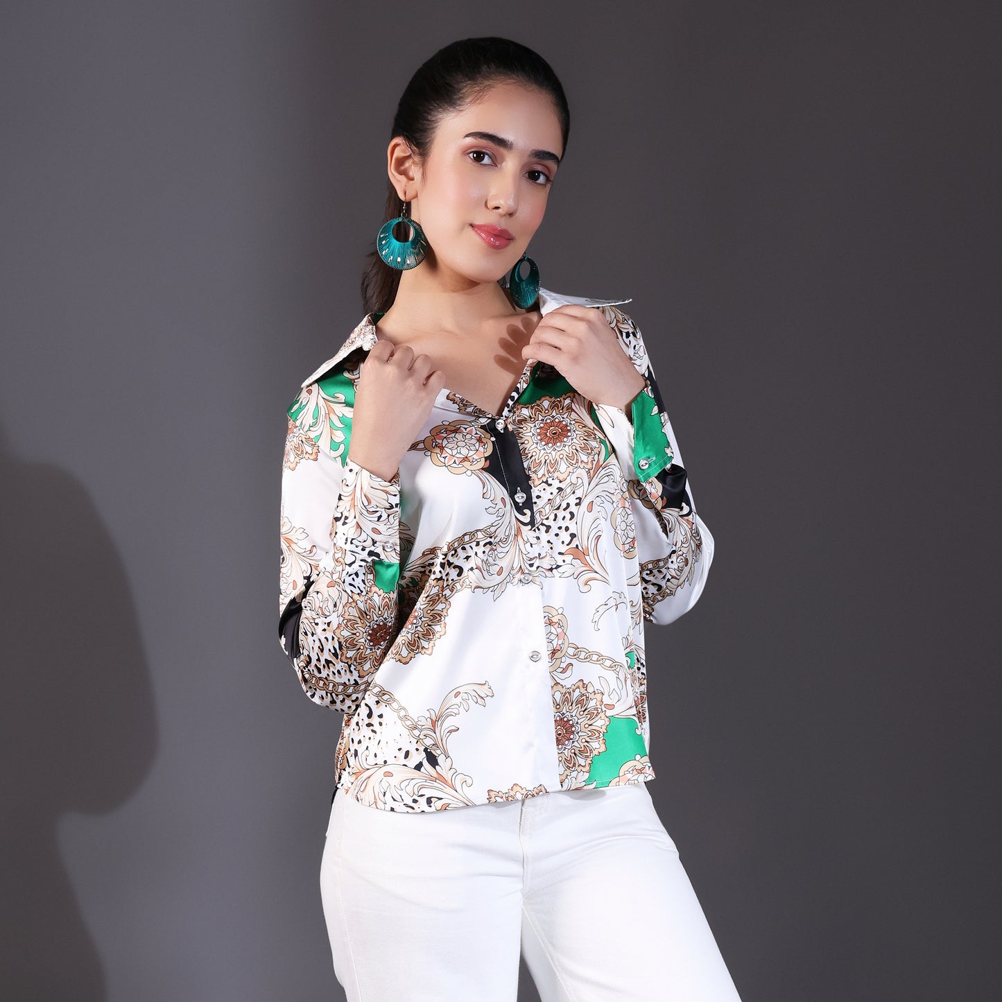 White & Green Multi-Patterned Satin Shirt