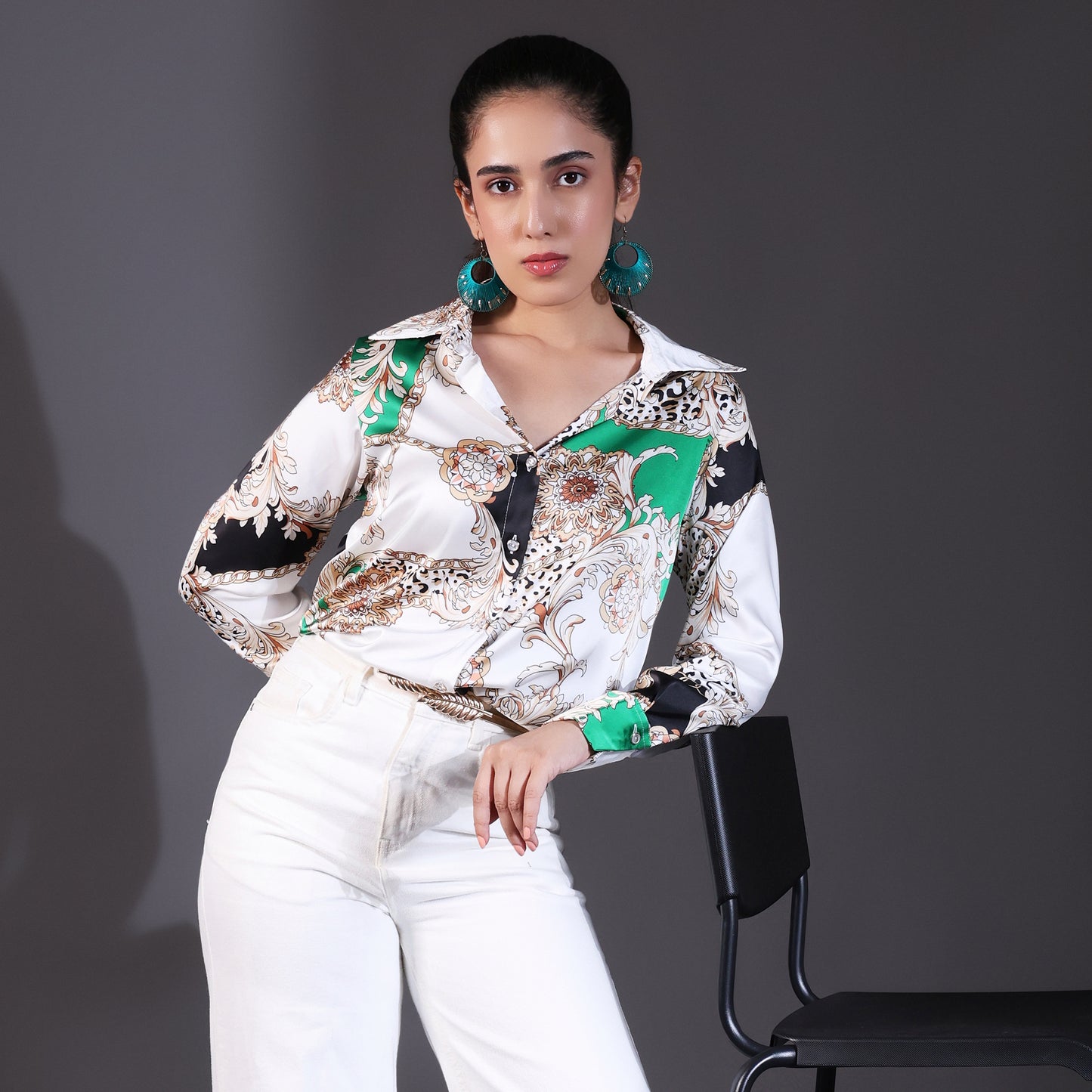 White & Green Multi-Patterned Satin Shirt