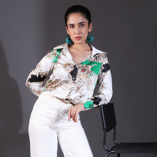 White & Green Multi-Patterned Satin Shirt