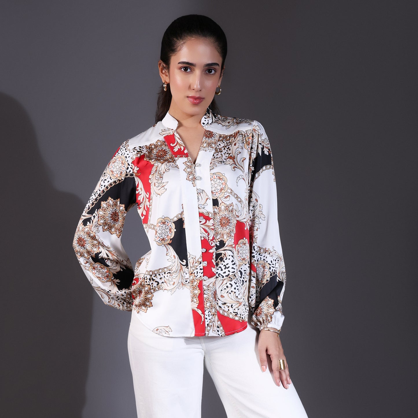 White & Red Multi-Patterned Satin Shirt
