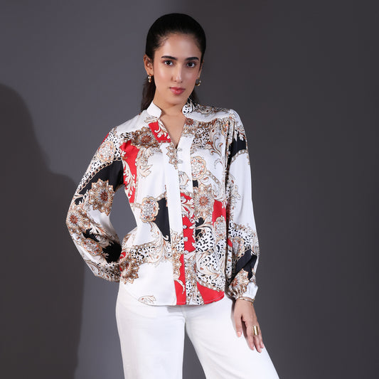White & Red Multi-Patterned Satin Shirt