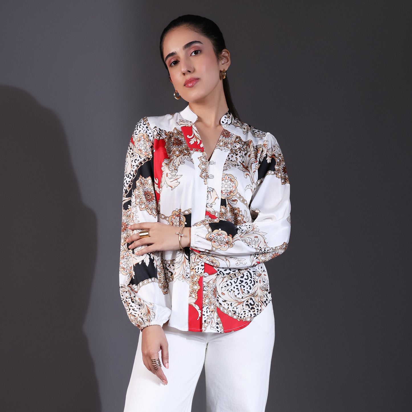 White & Red Multi-Patterned Satin Shirt