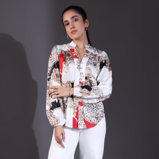 White & Red Multi-Patterned Satin Shirt