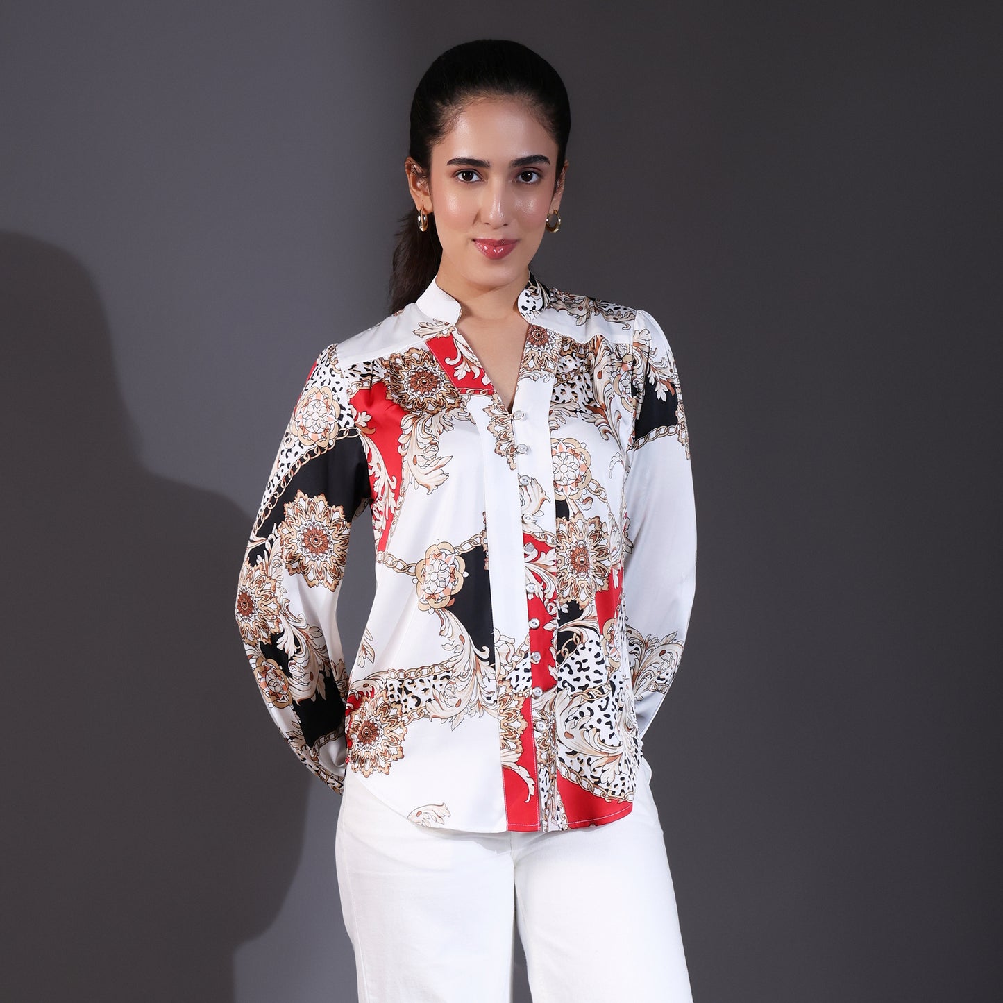 White & Red Multi-Patterned Satin Shirt