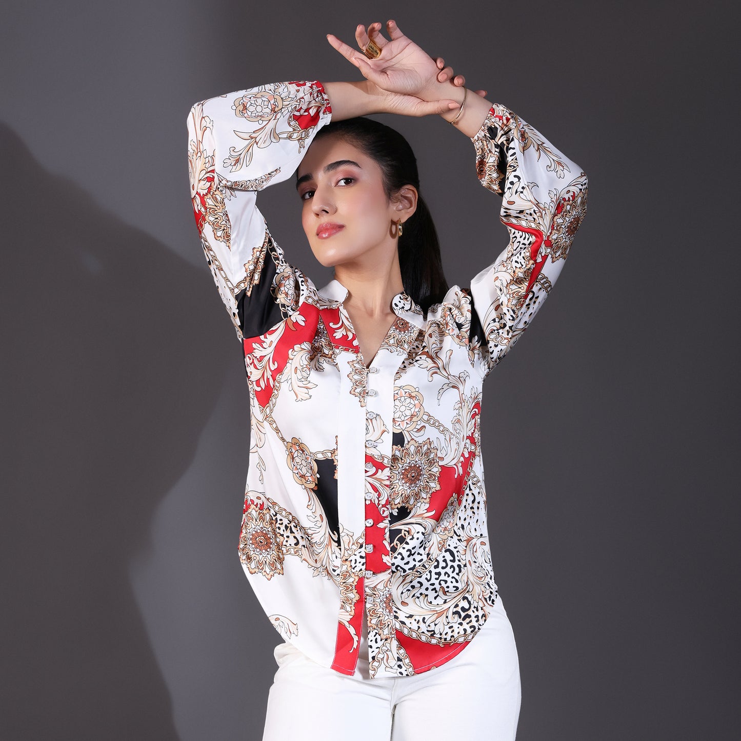 White & Red Multi-Patterned Satin Shirt