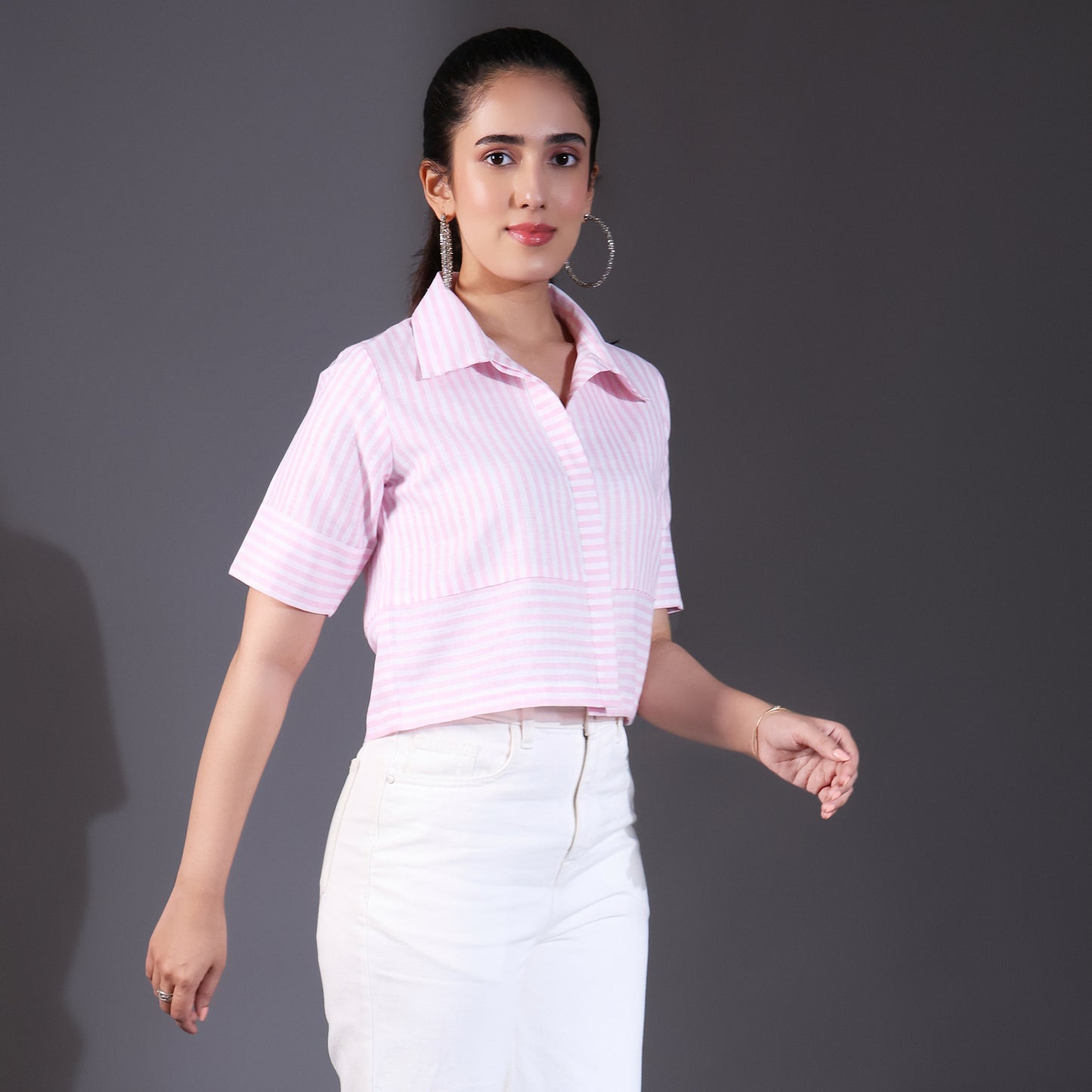 Pink Striped Cotton Cropped Shirt