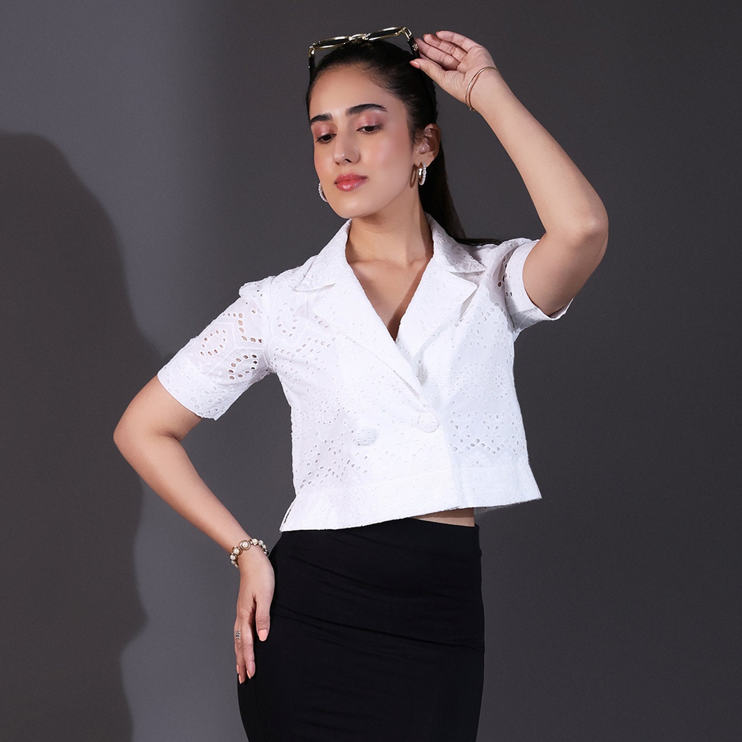 White Schiffli Double-Breasted Collar Top