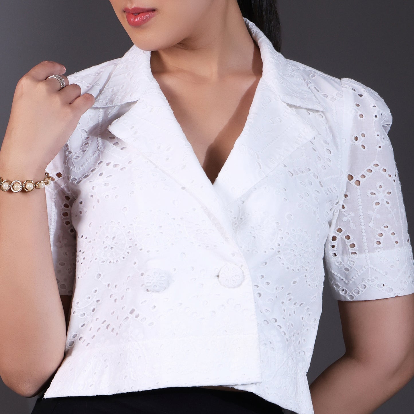White Schiffli Double-Breasted Collar Top