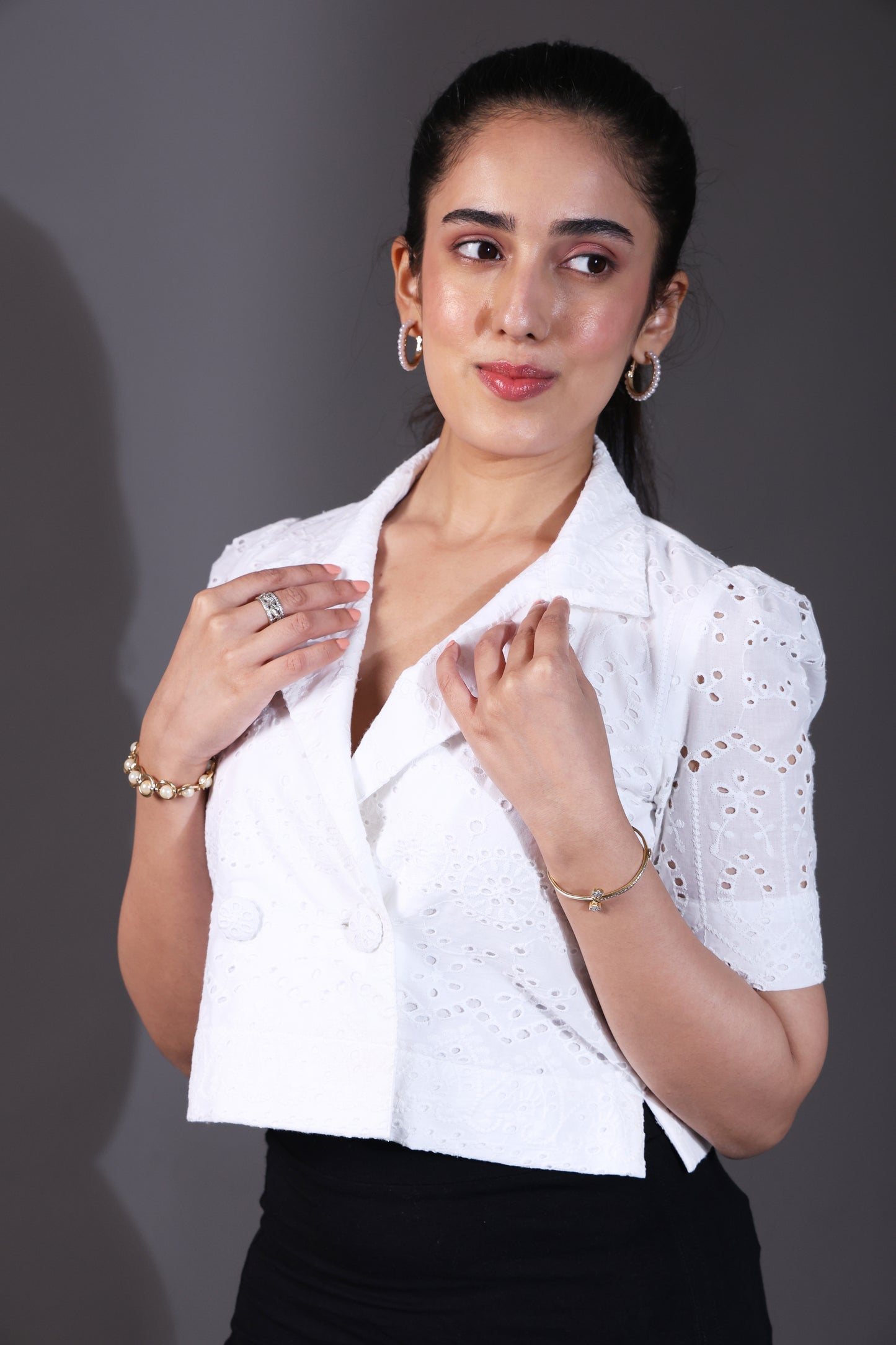 White Schiffli Double-Breasted Collar Top