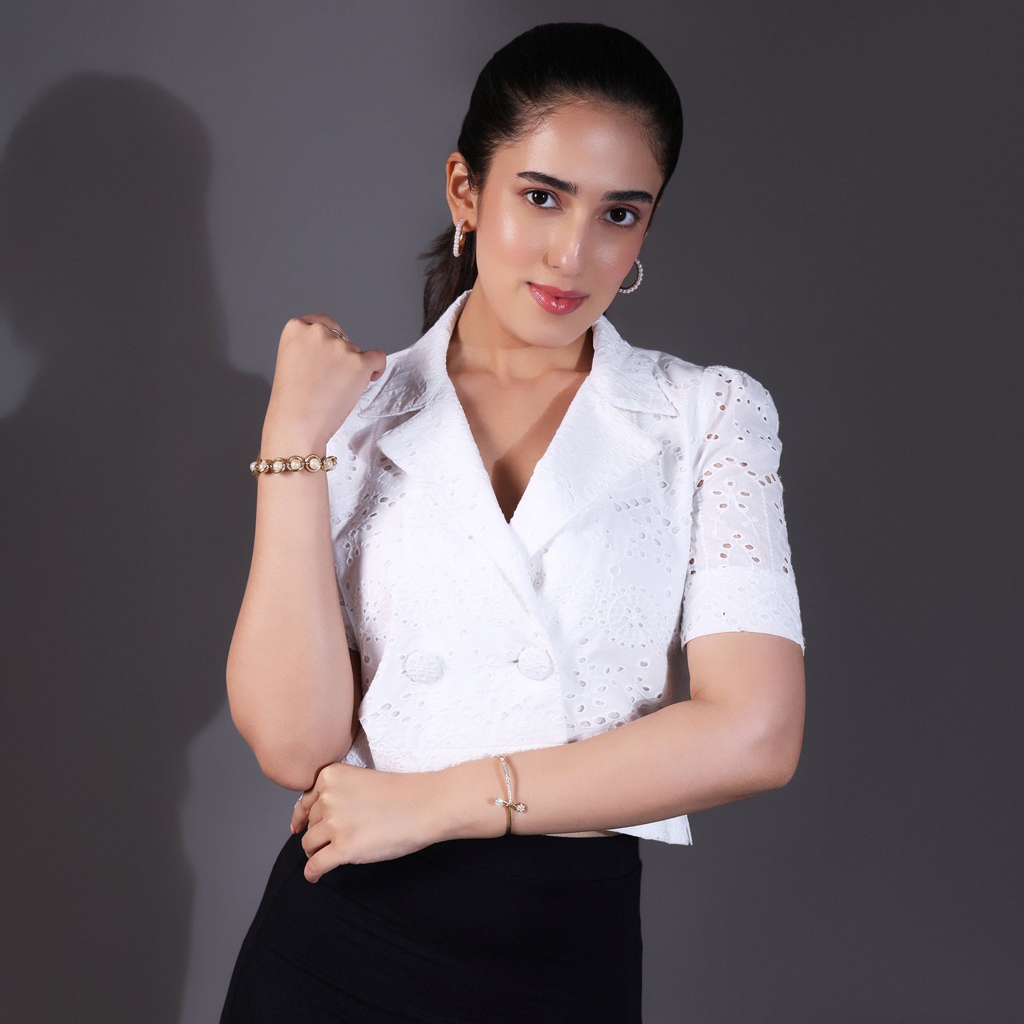 White Schiffli Double-Breasted Collar Top
