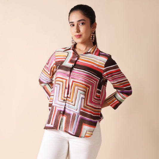 Brown Muslin Multicolor Shirt